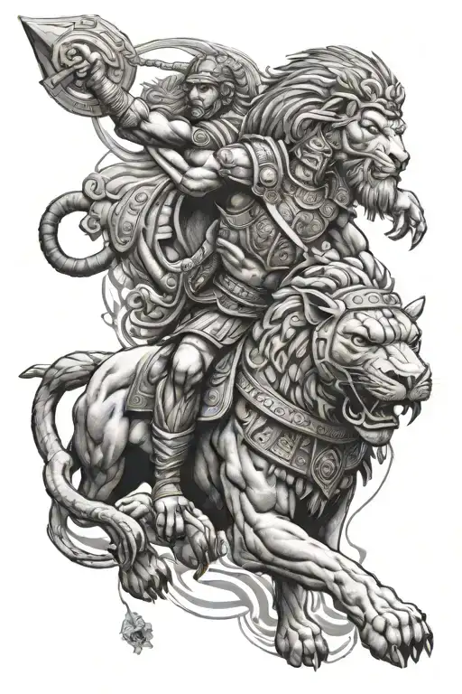 Design A Tattoo Featuring An Assyrian Warrior With A Lion And Bull Motif