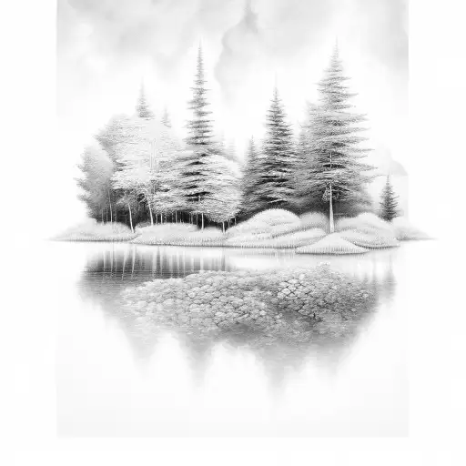 A Tattoo Of A Serene Forest Landscape With Hidden Technological Elements