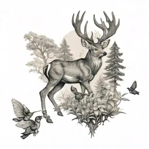 Deer And Hummingbird Walking Through A Forest Scene