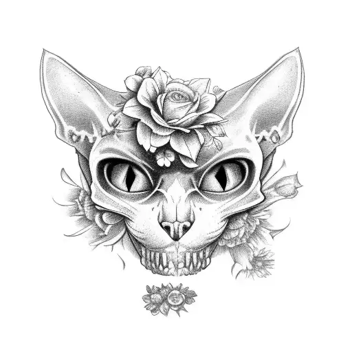 Cat Skull With Flowers Coming Out Of Its Interior