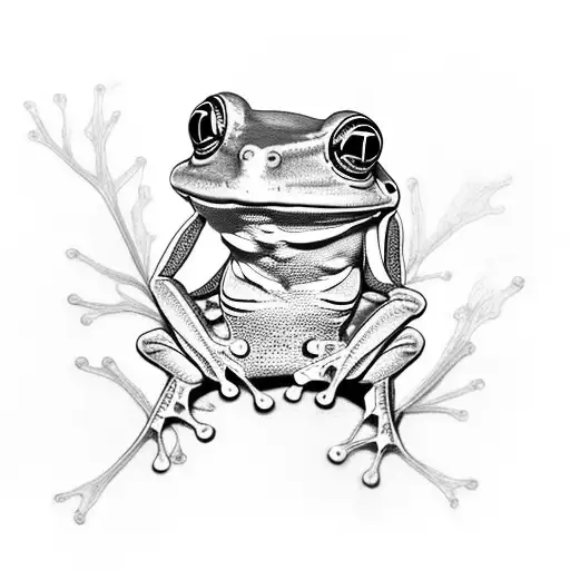 Green Tree Frog With Gecko And Blue Tiger Butterfly