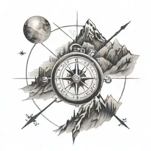 A Detailed Tattoo Of A Compass Surrounded By Hiking Trails And Mountains