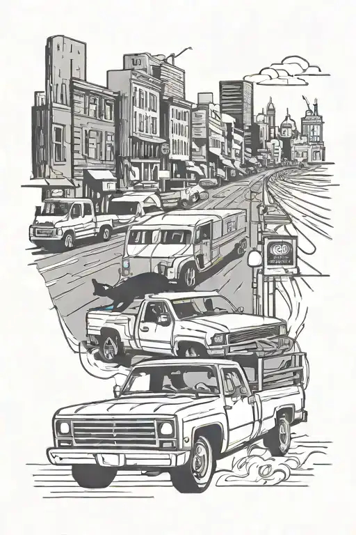 A Sleek Truck Driving Through A Cityscape With A Cat Lounging On The Dashboard