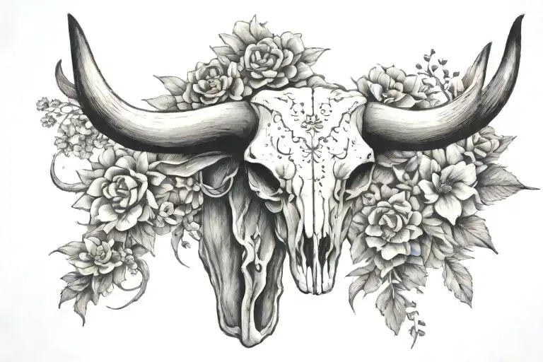 A Texas Longhorn Skull Adorned With Wildflowers And Cacti