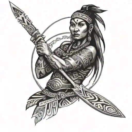 A Native Woman Holding A Spear With Intricate Tribal Patterns