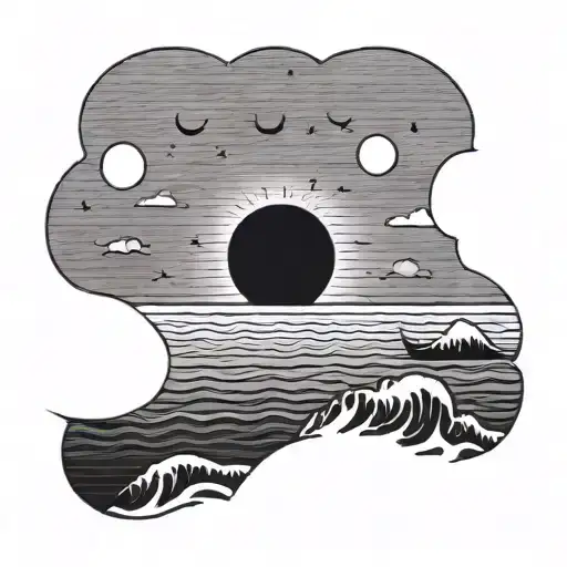 Minimalist Sun Setting Over The Sea With Moon In The Background