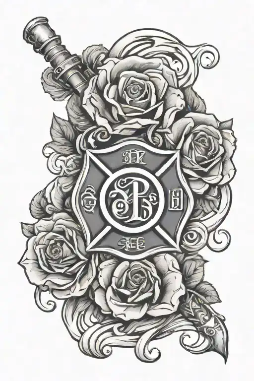 An Intricate Design Of A Firefighter Emblem With Roses And Waves Intertwined