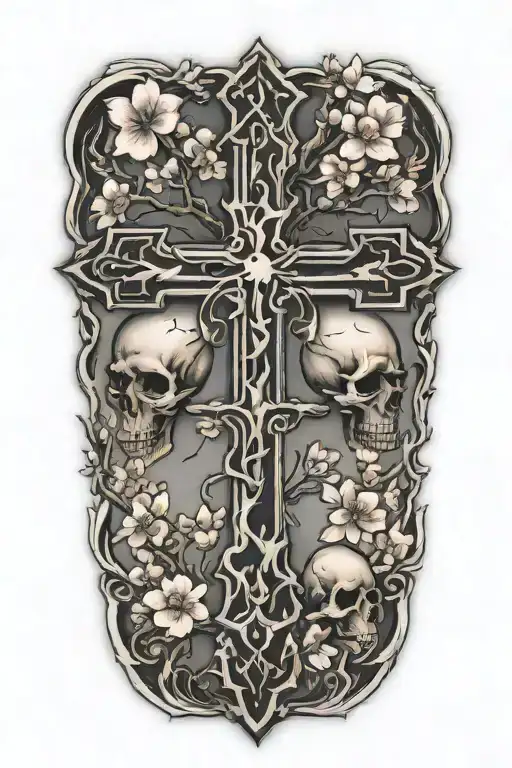 Cross With Cherry Blossom Tree Inside Representing Strenght And Skulls Around It
