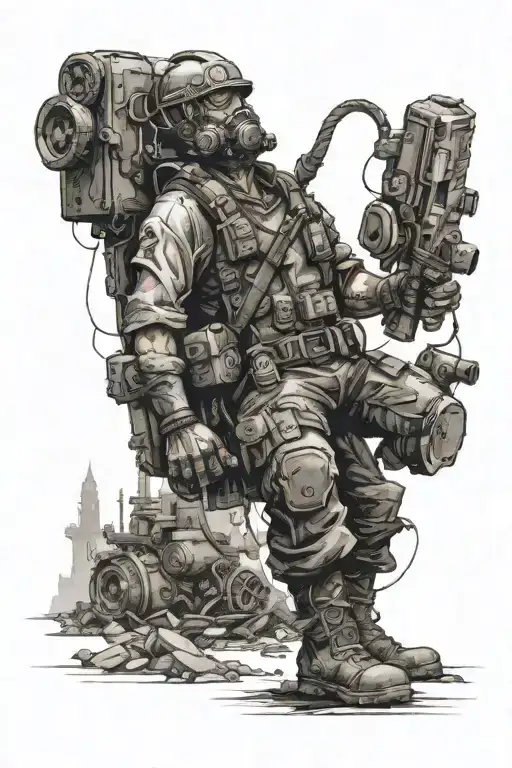 A Post-apocalyptic Fallout Scene With A Rugged Engineer Character Navigating Through The Chaos