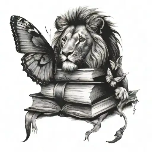 A Stack Of Books With A Lion And Butterfly Motifs Intertwined