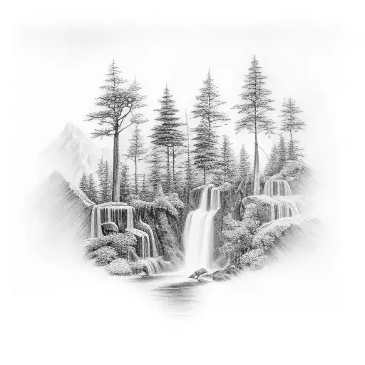 A Serene Landscape Of A Waterfall Flowing Through A Lush Forest