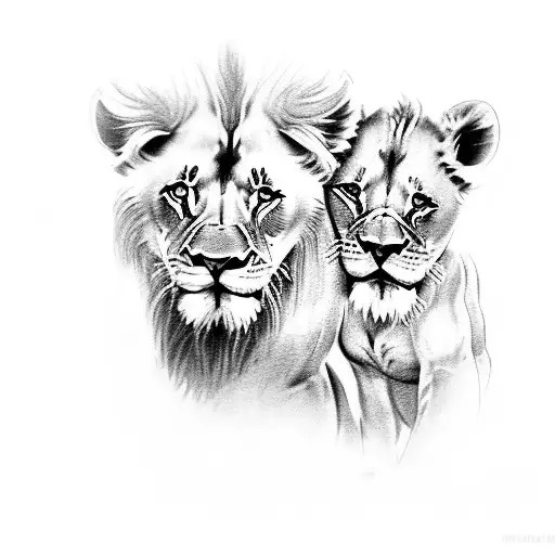 Lion Father With Two Lion Cubs