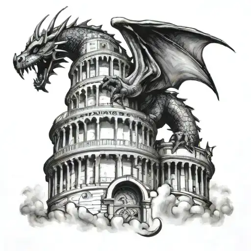 A Black-grey Tattoo Of A Dragon Coiled Around The Leaning Tower Of Pisa In Italy