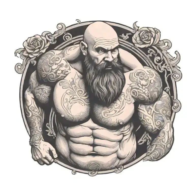 Bearded And Bald Muscle Man With Belly