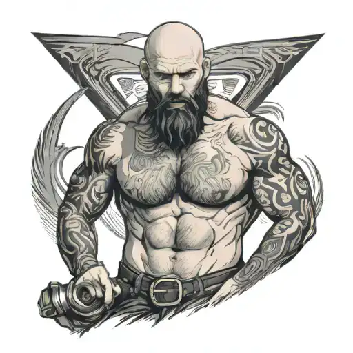 Bald Man In Leather Pants With No Shirt And Hairy Chest With A Full Beard