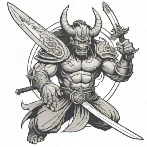 A Mystical Oni Warrior Wielding A Glowing Katana Sword