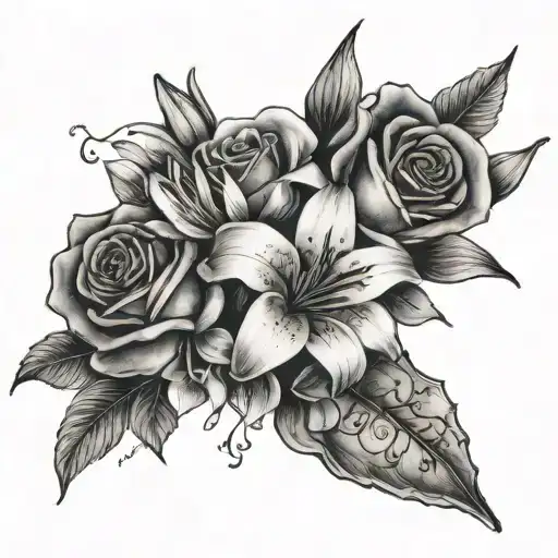 Lily And Rose Flower Bouquet On Wrist With Juliana And Giovanni Written On The Stems