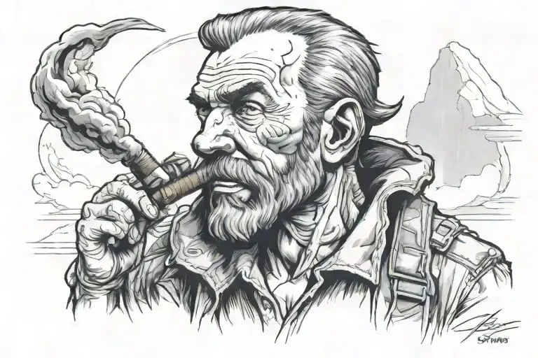 A Portrait Of Logan With A Cigar In His Mouth In An Apocalyptic World Of Fallout