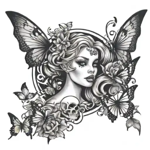 A Tattoo Design Of A Mermaid Surrounded By Butterflies In A Skull-shaped Frame