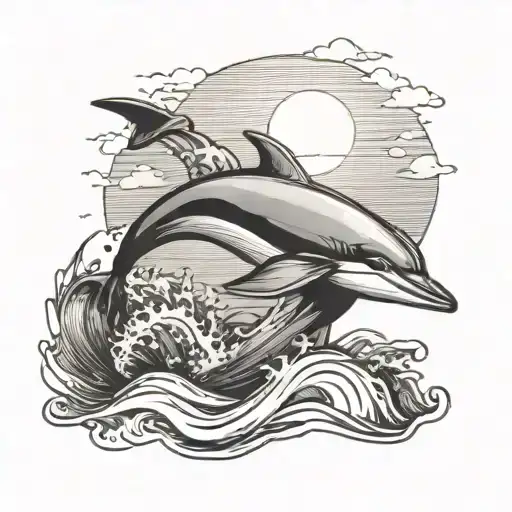 Small Dalphin Tatoo That Is Jumping From The Ocean With A Sunset And A Boat