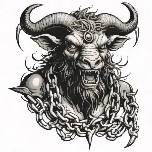 Scary Devil Black Sheep With Madness In Eyes And A Scary Smile With Scars And Trapped In Chains