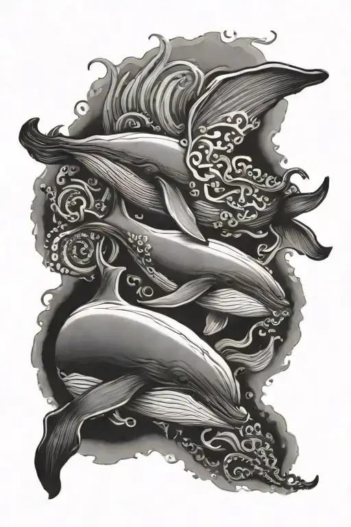 Whale With Baby Whale Swimming Gracefully With Octopus And Baby Octopus