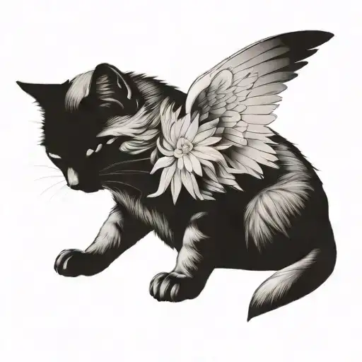 Cat With Angel Wings Laying Horizontally On Side View