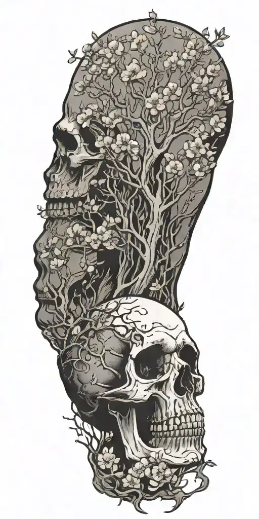 Skull Shooting Itself And Cherry Blossom Tree Growing Out Of The Top Of The Head