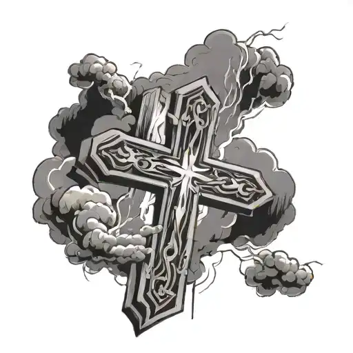 Cross And Clouds And Lightning And Religious And Preying Hands