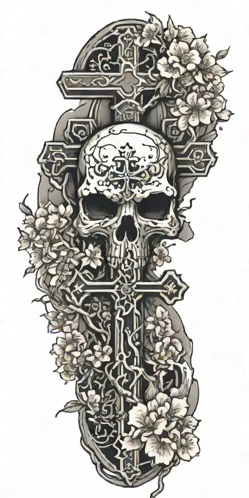 Cross With Cherry Blossom Tree Inside Representing Strenght And Skulls Around It