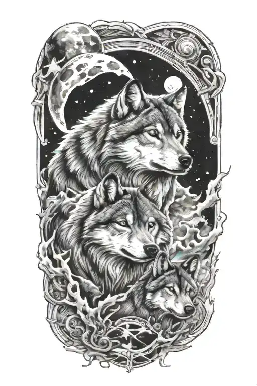 A Cosmic Tattoo Featuring A Galaxy With Wolves Howling At The Moon