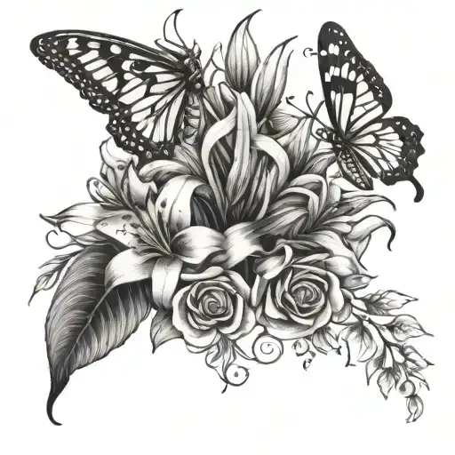 Lily And Rose Flower Bouquet With Butterfly