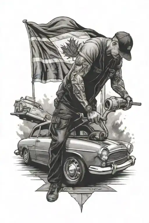 Mechanic Working On A Car With A Backdrop Of The Canadian Flag