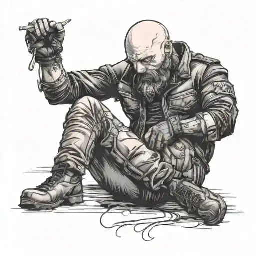 Bald Man In Leather Pants Only With Beard