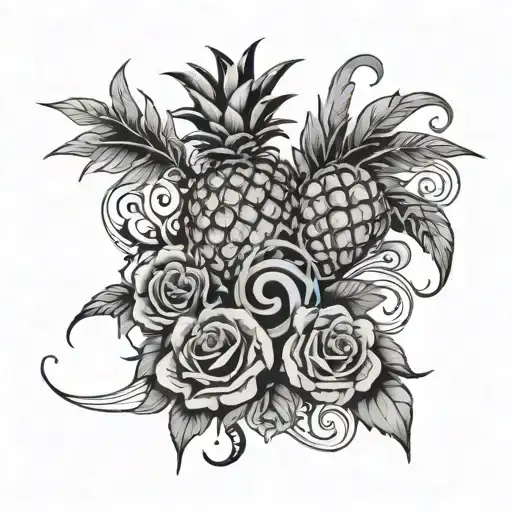 An Intricate Design Combining R&b Music Notes With Pineapples And Roses