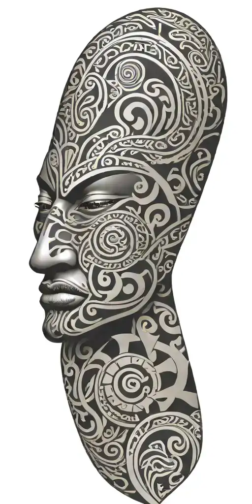 A Combination Of Maori Patterns And Soldier Symbols In A Black-grey Tattoo Design