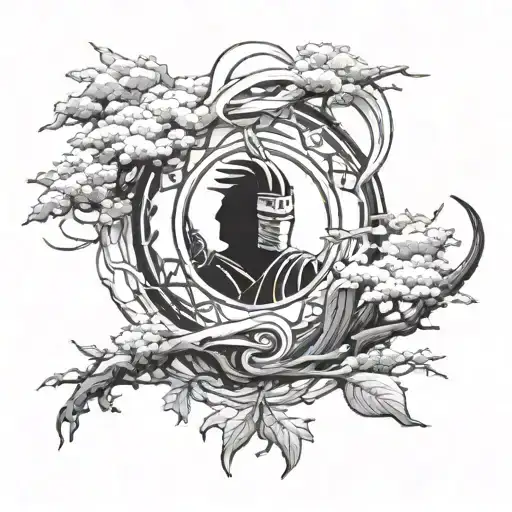 Incorporate Elements Of Nature And Ninjutsu Symbols In A Black-grey Tattoo Inspired By Naruto
