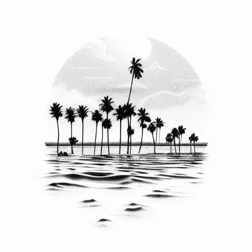 A Serene Beach Scene With Palm Trees And A Vibrant Sunset