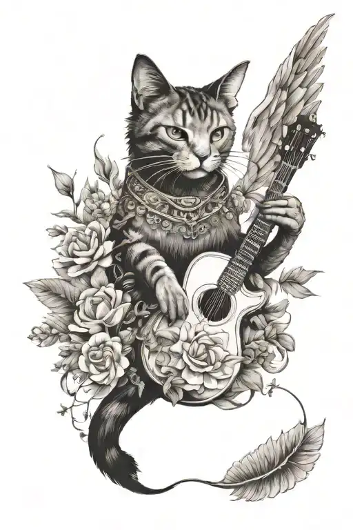 A Surreal Tattoo Of A Cat With Wings Made Of Flowers Flying Over A Field Of Musical Instruments