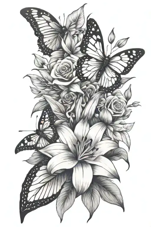 Lily And Rose Flower Bouquet With Butterfly