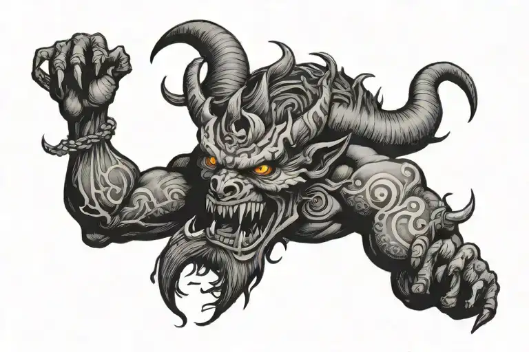 Traditional Style With Large Black Area Depicting A Demon