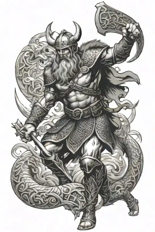 Viking Warrior Battling Mythical Creatures