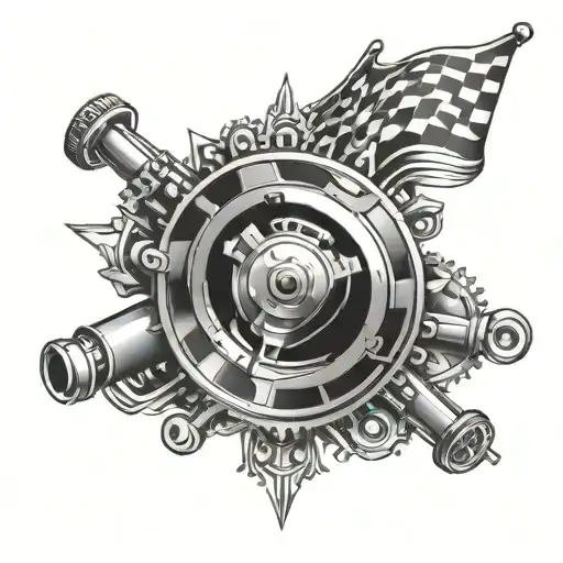 Detailed Engine And Gear Shift Tattoo With A Racing Flag Background