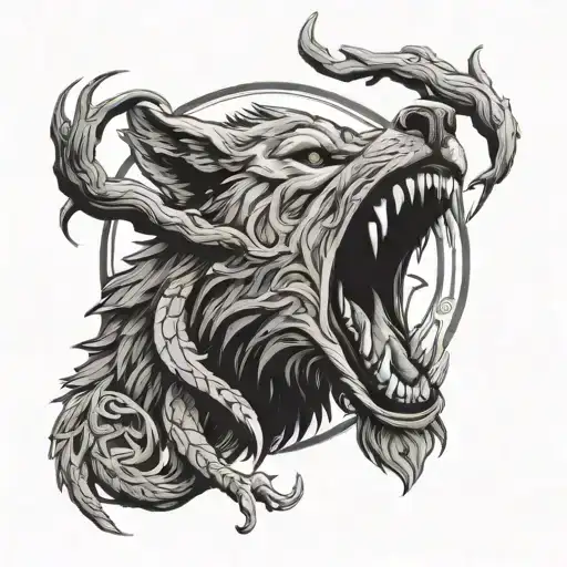 Sad Fenrir Wolf Open Mouth Around Tree Of Life