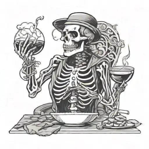 A Skeleton Enjoying A Meal At A Fancy Restaurant Items On Top