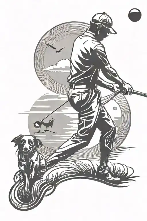 Silhouette Of A Golfer Swinging A Club With A Dog By Their Side