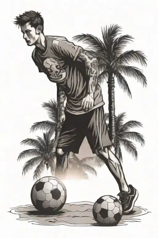 A Boy Juggling A Football On A Beach With Palm Trees At Sunset