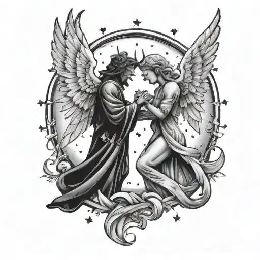 An Angel And Devil Holding Hands Under A Starry Sky