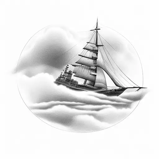 A Ship Sailing Through Water Up In The Clouds