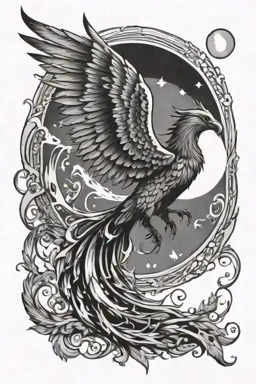 Phoenix Rising Looking Up Wings Open With Moon Phases